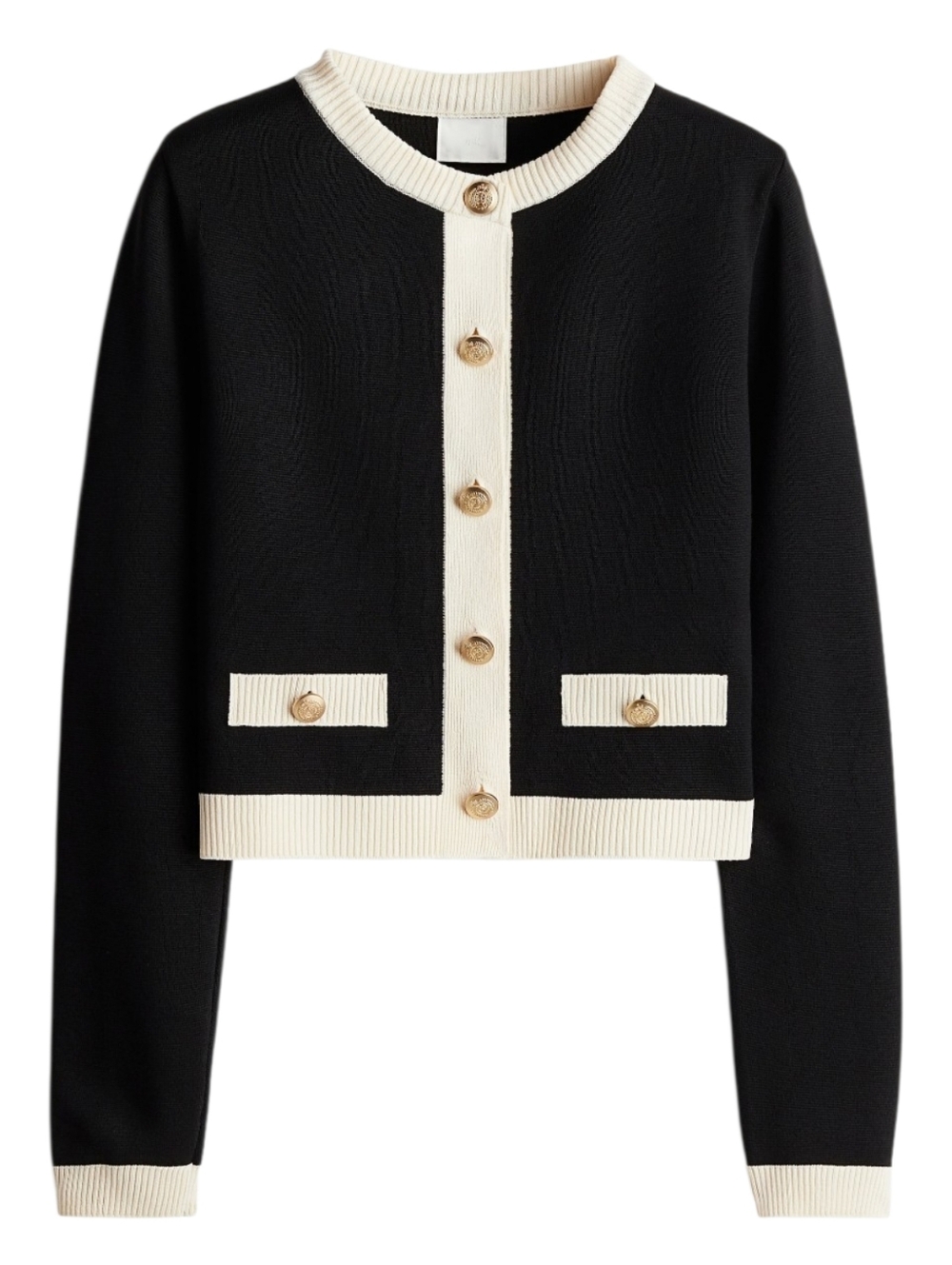H&M Black and Cream Fine Knit Long Sleeve Crop Sweater With Gold Buttons New L - Picture 2 of 10
